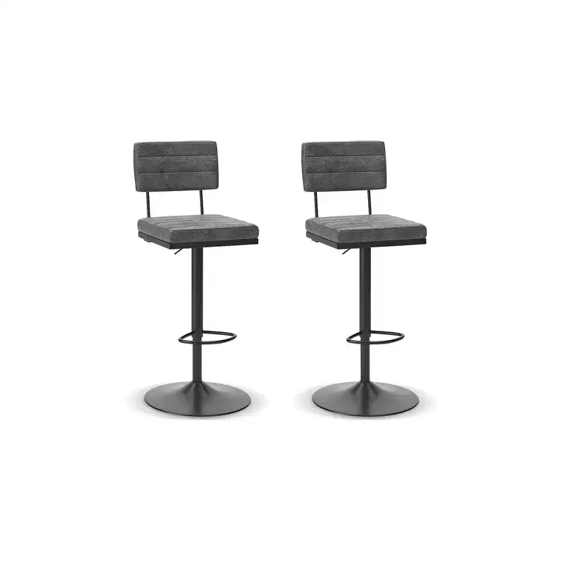 Bar Height Swivel Barstool Set of 2 Adjustable Height Faux Leather Gray Black Metal Frame