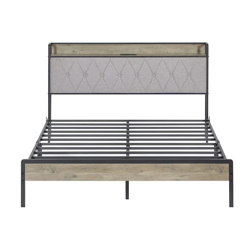 Grey & Queen Bed with Charging Station