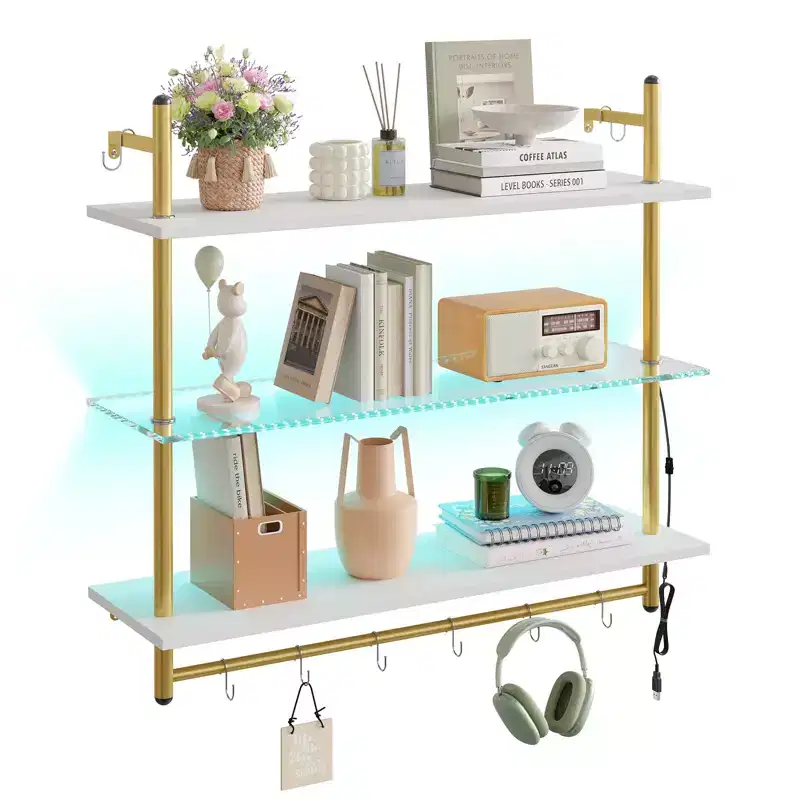 Bestier 41 Floating Shelves with LED Light, 3-Tier Wall-Mounted Wood Shelves with 8 S-Hooks, White Finish & Gold Frame