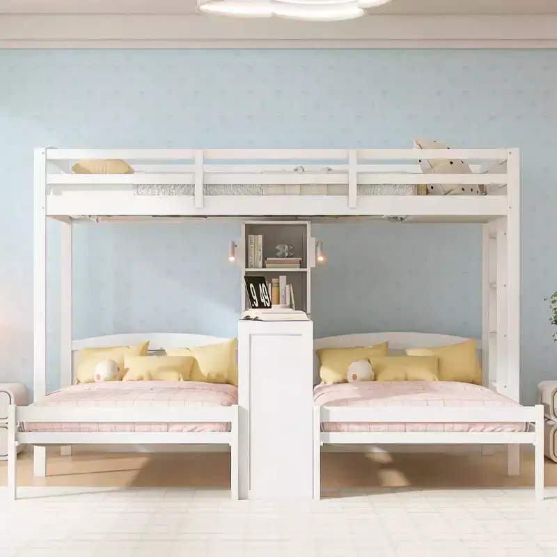 Luxystar Twin over Twin and Twin Bunk Bed with Built-in Desk, Bookcase and Lights