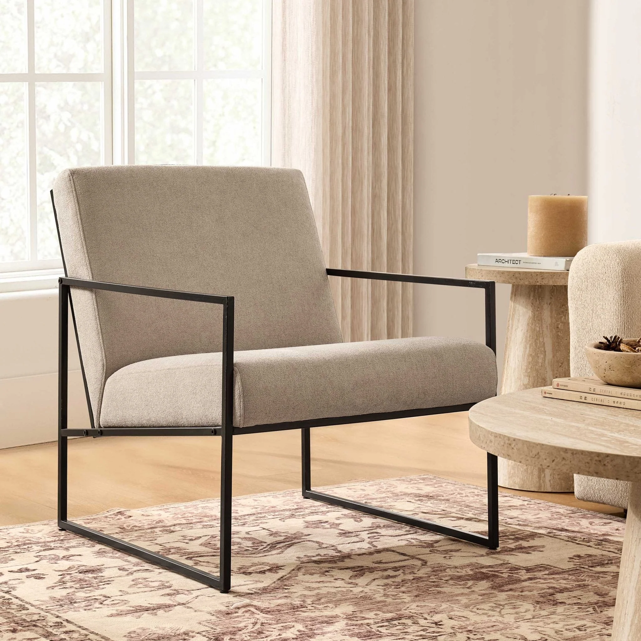 Modern Greige Chenille Accent Chair with Space-Saving Design for Living Room