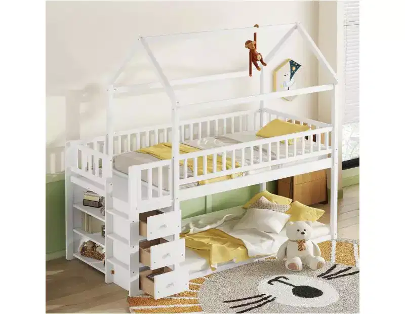 Twin Loft Bed with House Roof Frame, Safety Rails, Storage Stairs and Shelves