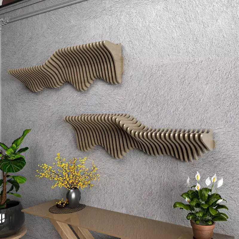Parametric 50 inch Floating Shelf TV Unit Modern Geometric Wooden Wall Piece Decor Natural Oak Color 3D Wavy Living and Gaming Room Shelf