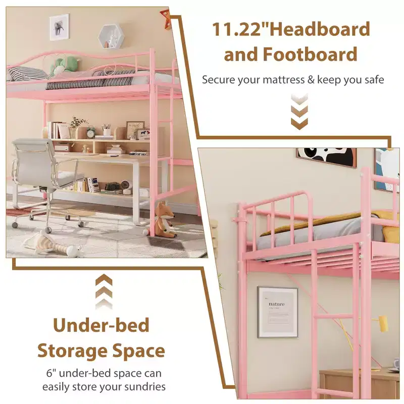 Single loft bed  Heavy-duty metal frame, removable ladder, full-length safety rails, 400 lbs weight capacity, no mattress base required