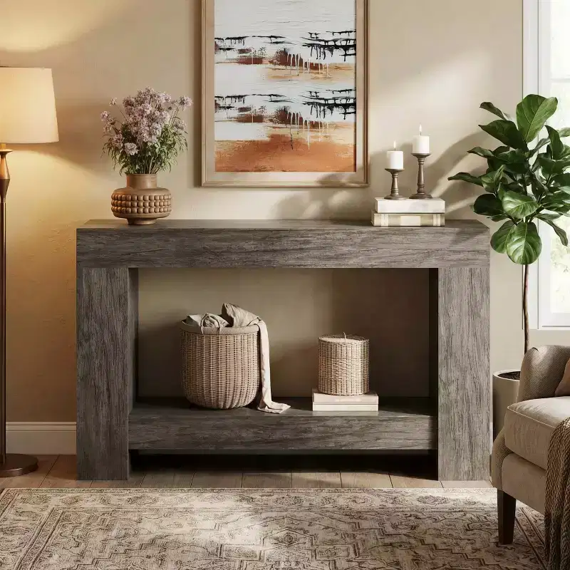 Farmhouse Console Table for Entryway, 2-Tier Narrow Sofa Table Behind Couch, Rectangular Hallway Accent Table with Open Storage Shelf