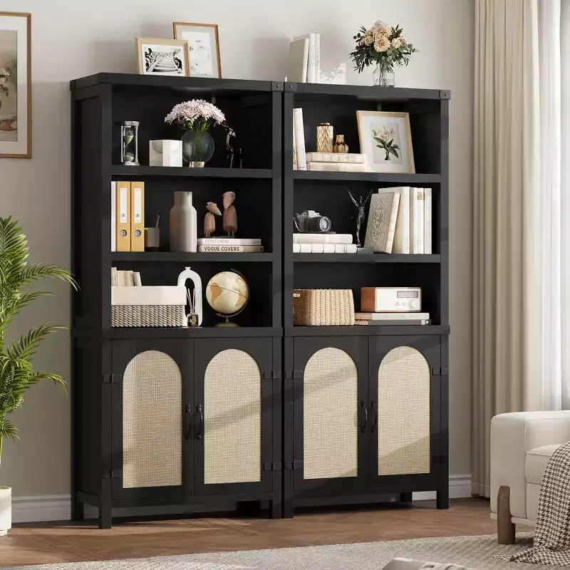 Farmhouse Bookshelves and Bookshelves with Door, 70 High Bookshelves with Three Levels of Open Storage, for Home, Office, Living Room, 2pcs, Black