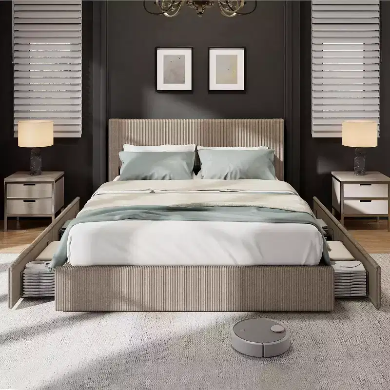 Queen Platform Bed with 4 Drawers - Corduroy Tufted Headboard, Wood Slats, No Box Spring, Brown