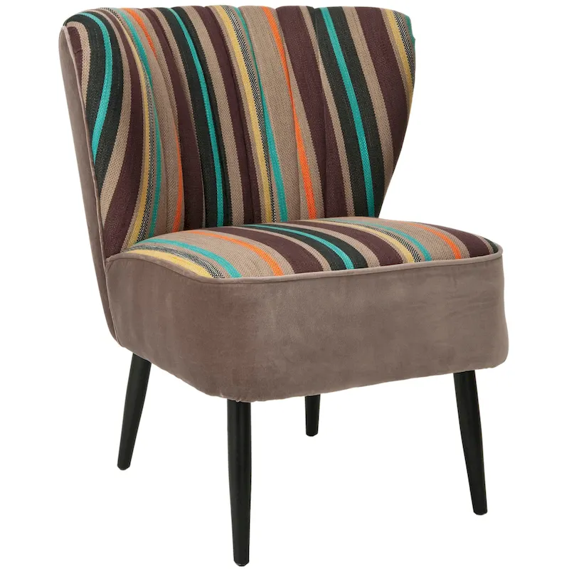 Mid-Century Rainbow Striped Accent Chair with Channel Pleating & Birch Wood Legs