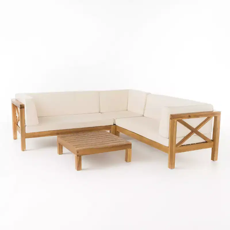 GDFStudio Keith Outdoor Acacia Wood 5 Seater Sectional Sofa Chat Set with Water-Resistant Cushions