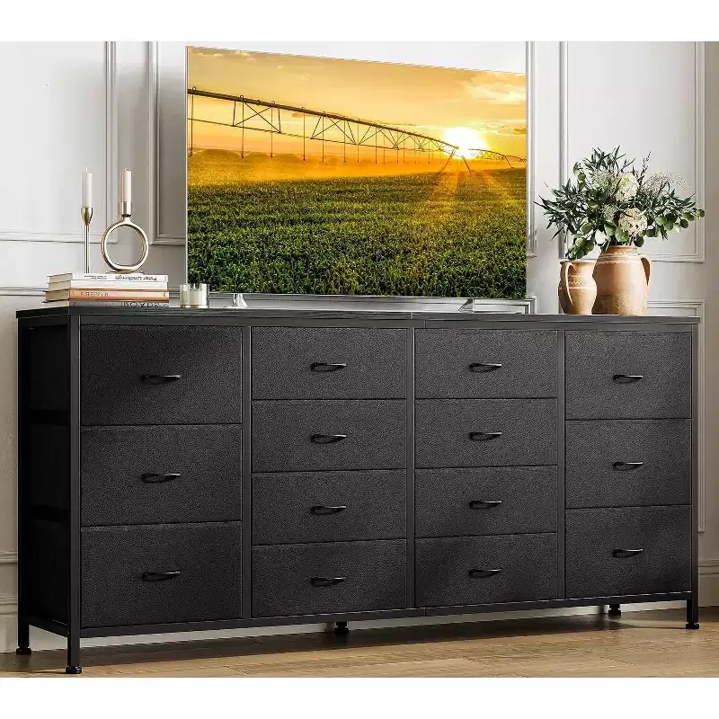 63 Extra-Wide TV Stand Dresser with 14 Fabric Drawers & Built-in Power/USB  Entertainment Center for 65-75 TVs, Bedroom Storage Organizer