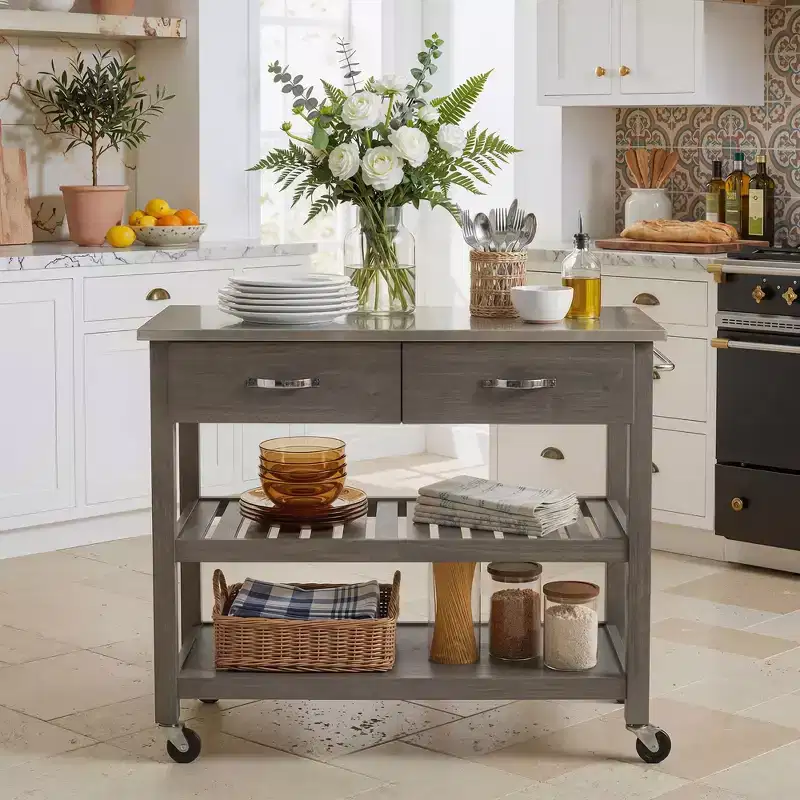 42 Rolling Kitchen Cart with Stainless Steel Top Solid Wood Kitchen Island Trolley with 2 Drawers 3-Tier Storage Lockable Wheels Mobile Prep Table
