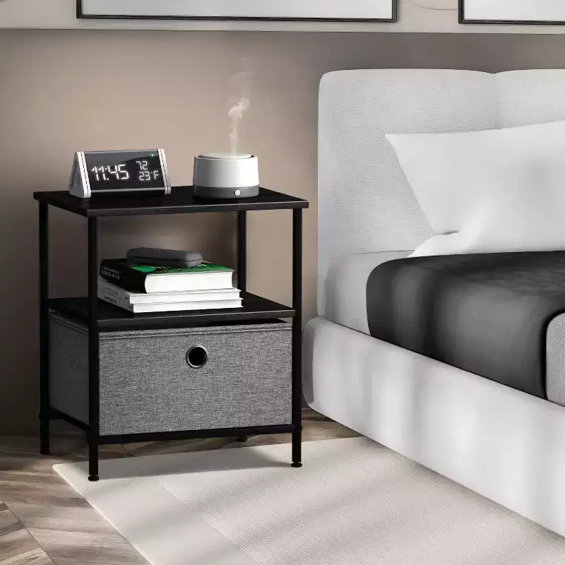 1-Drawer Nightstand with Open Shelf and Fabric Bin