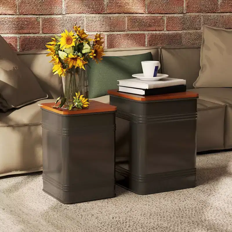 Ottoman with Storage, Industrial Nesting Ottoman Stool with Removable Lid, Metal Frame for Living Room
