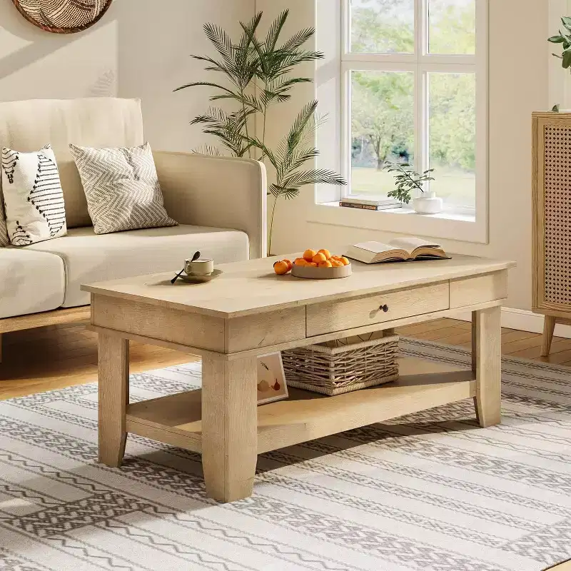 Rustic Rectangular Coffee Table with Sliding Drawer & Open Shelf, Farmhouse Style