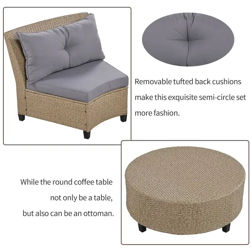 6-Person Garden Fan-shaped Rattan Suit Combination with Cushions and Table