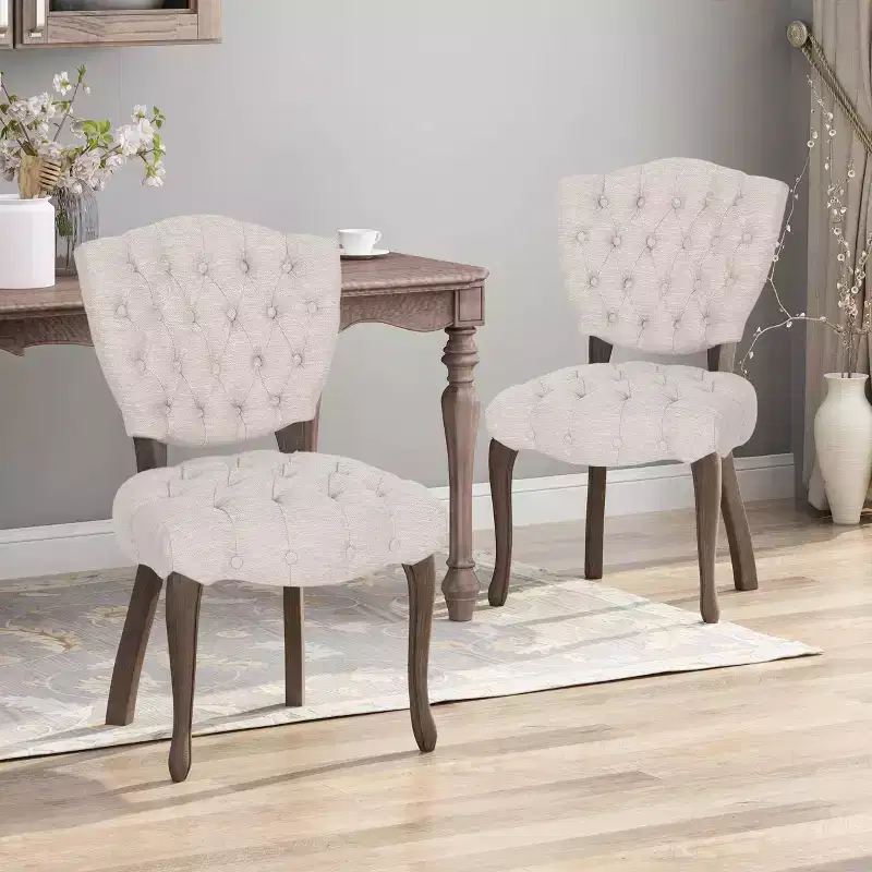 Set of 2 Tufted Dining Chairs Upholstered Rubberwood King Louis Back
