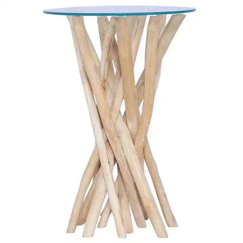 Solid Teak Wood Round Coffee Table - Glass Top End/Side Table, Handcrafted Accent Piece for Living/Lounge Room, Light Brown