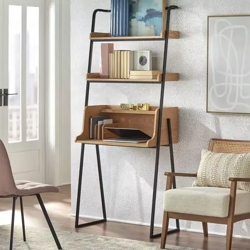 Lifestorey Estanier Desk with Shelves Natural/Black: Industrial Style, Veneer Finish, Metal Frame, Open Storage