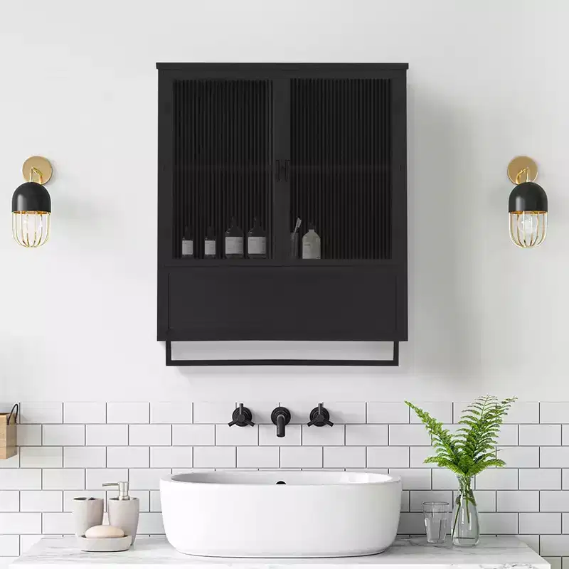 Okak Modern 2-door Wall Cabinet with Featuring 2-tier Storage & Open Shelf, Towel Rack for Entryway/Dining Room/Living Room/Kitchen