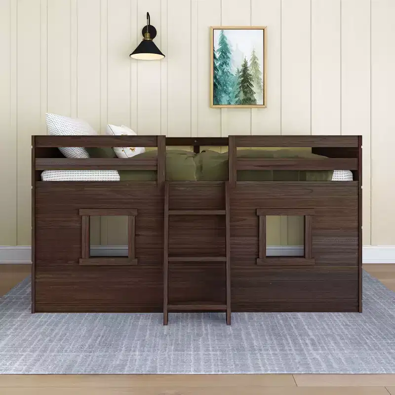 Farmhouse Twin Low Loft Bed with 2 Windows Solid Wood