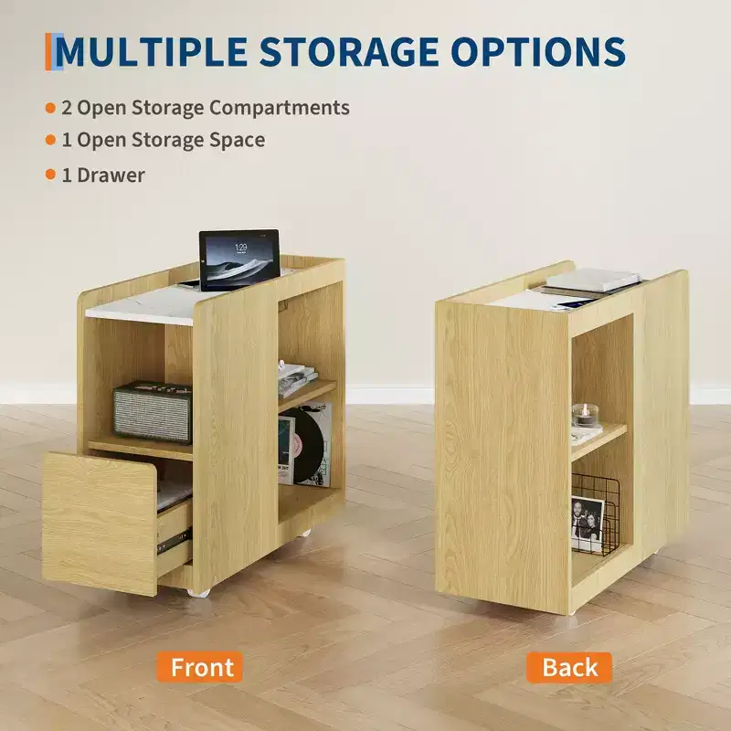 Nightstand with Charging Station, Bedside Table with Drawer and Adjustable Shelf, Side Table with 2 AC Outlets