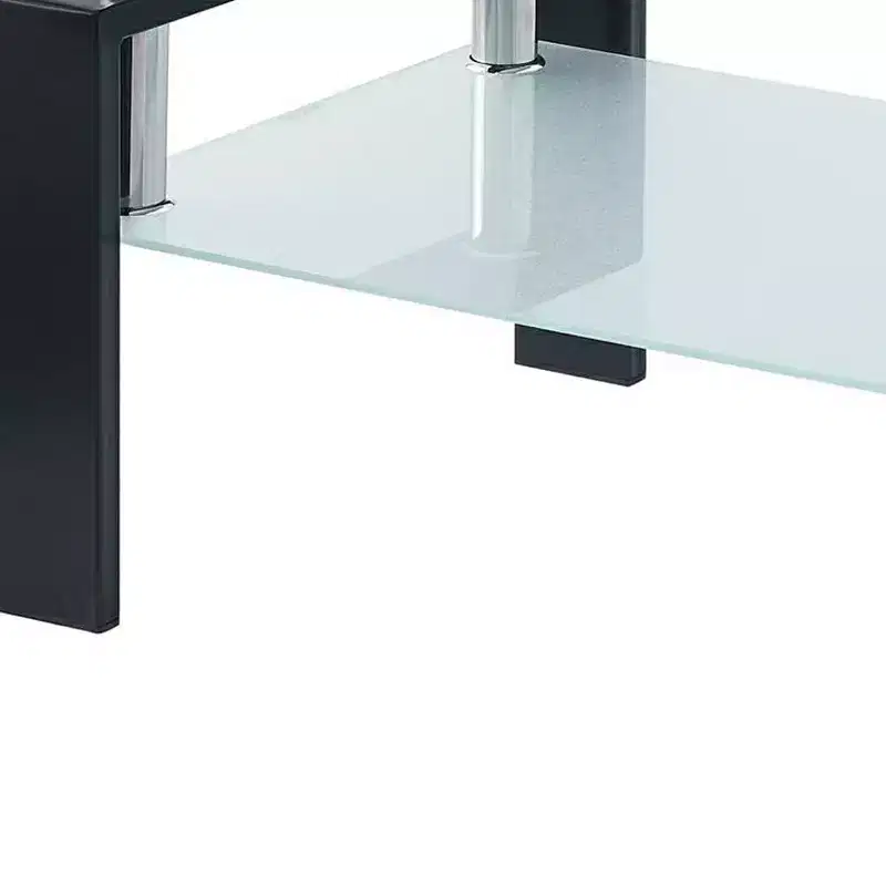 HomeRoots 39 Clear and Black Glass and Steel Coffee Table With Shelf