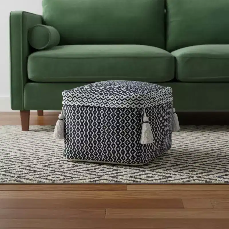 18 Blue Cotton Geometric Pouf Ottoman