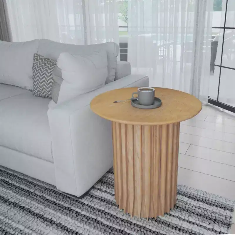 Royal Hampton Side End Table with 20 Inch Round Top and Fluted Base, Mango Wood Construction