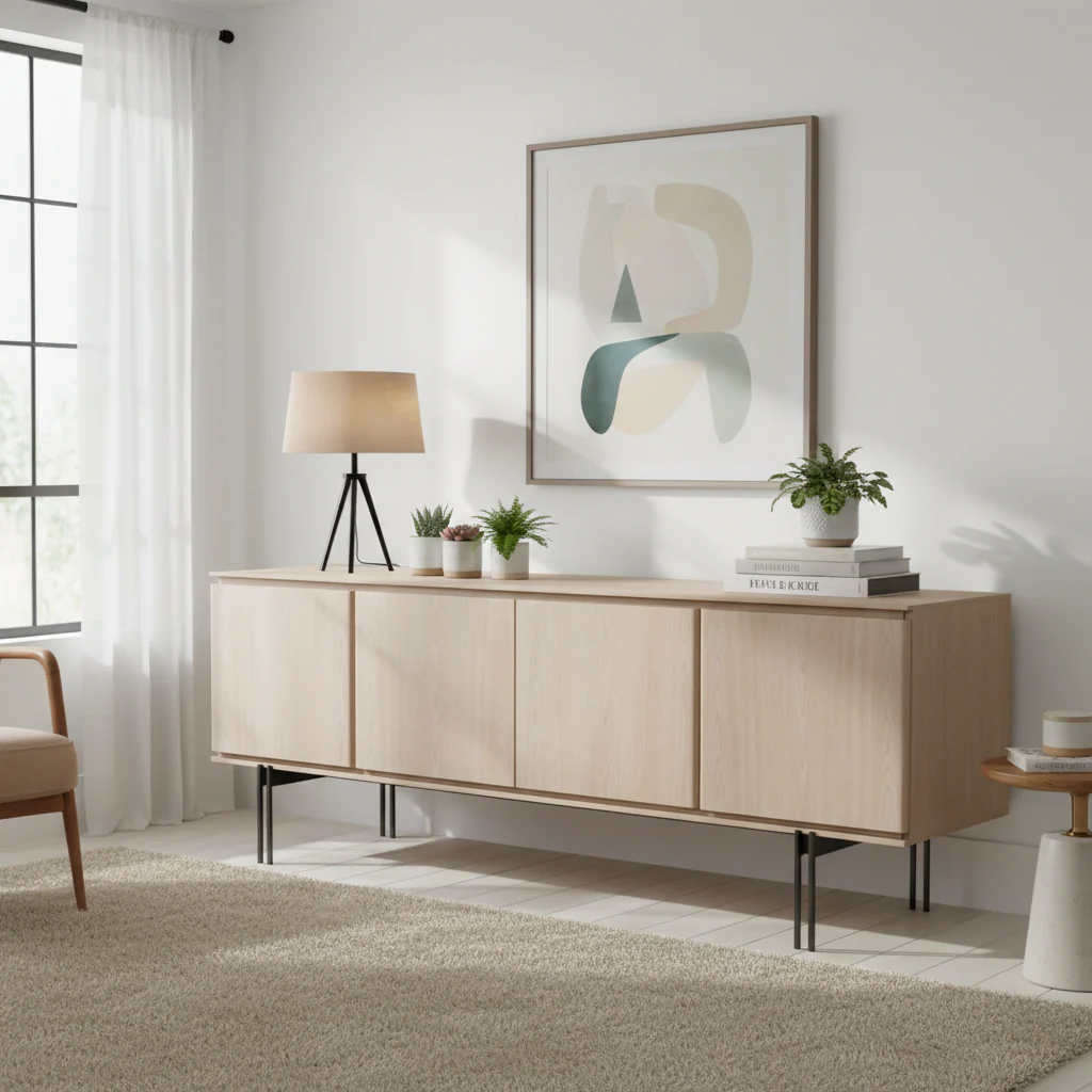 4-Door Wood Veneer Buffet with Metal Frame & Drawer – Walnut/Gold or Gray/Titanium, Made in Brazil