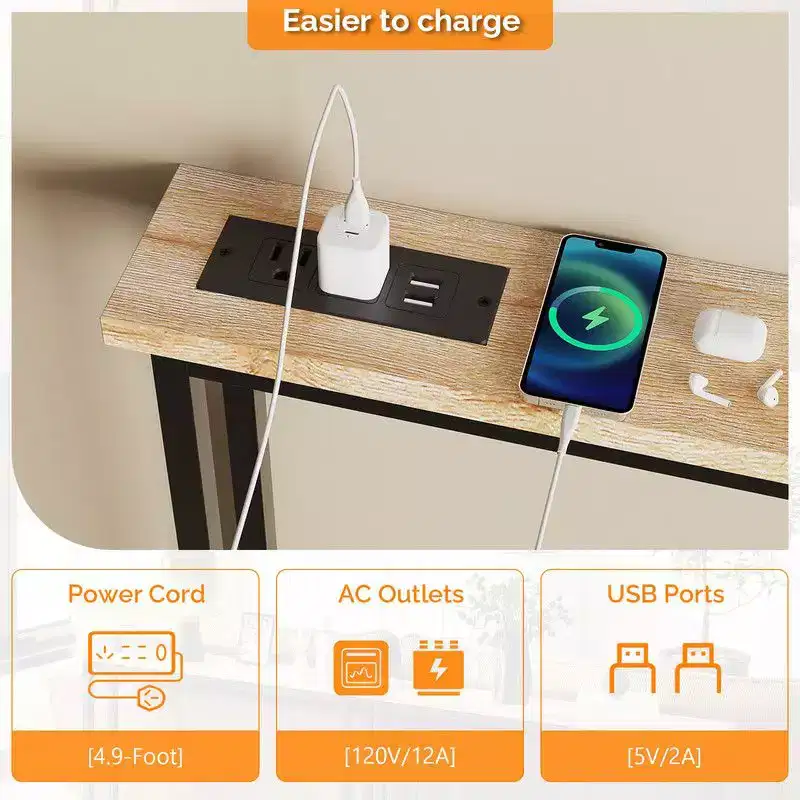 Oak-colored 1-piece Set Melamine + Iron Hallway Table with Power Strip