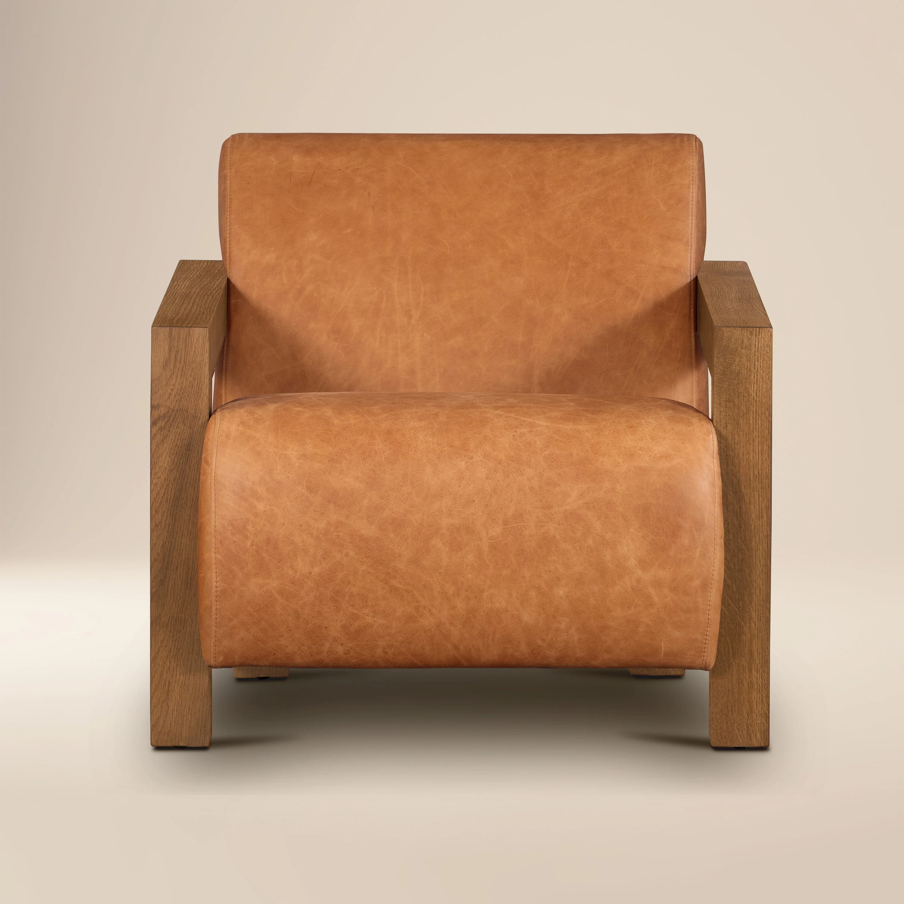 Modern Classic Cognac Tan Leather Lounge Chair with Solid Oak Frame