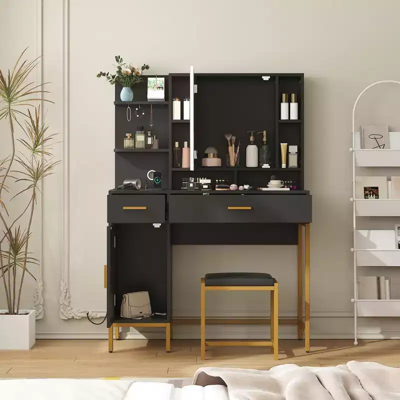 Vanity Table with Lighted Mirror & Charging Station  Makeup Vanity with Stool, Drawers & Cabinet for Bedroom