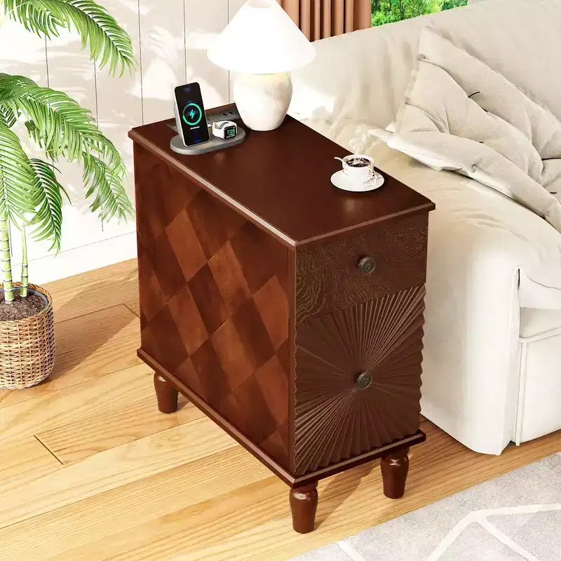 Modern and Narrow Sofa Side Table & Nightstand with 2 Drawers for Living Room, Bedroom - Walnut