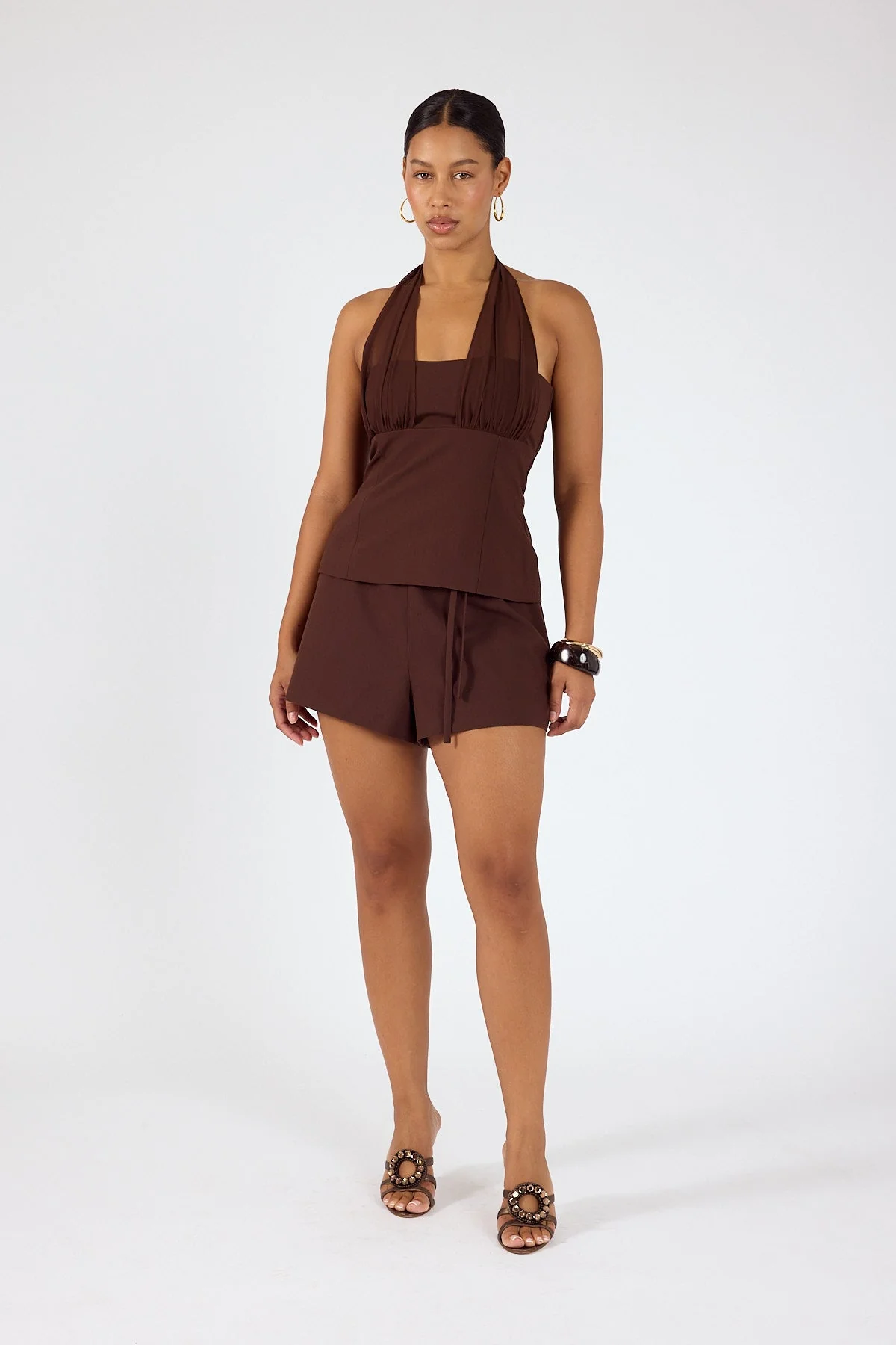 Mid Waisted Suiting Shorts Brown