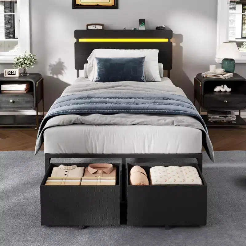 Black Twin Bed Frame with Storage Drawers, Shelf, Charging Station, LED Lights, Wood Headboard