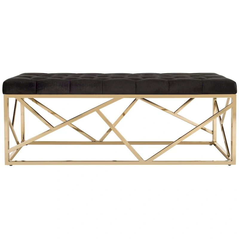 Black & Gold Tufted Rectangular Bench, Single Seat