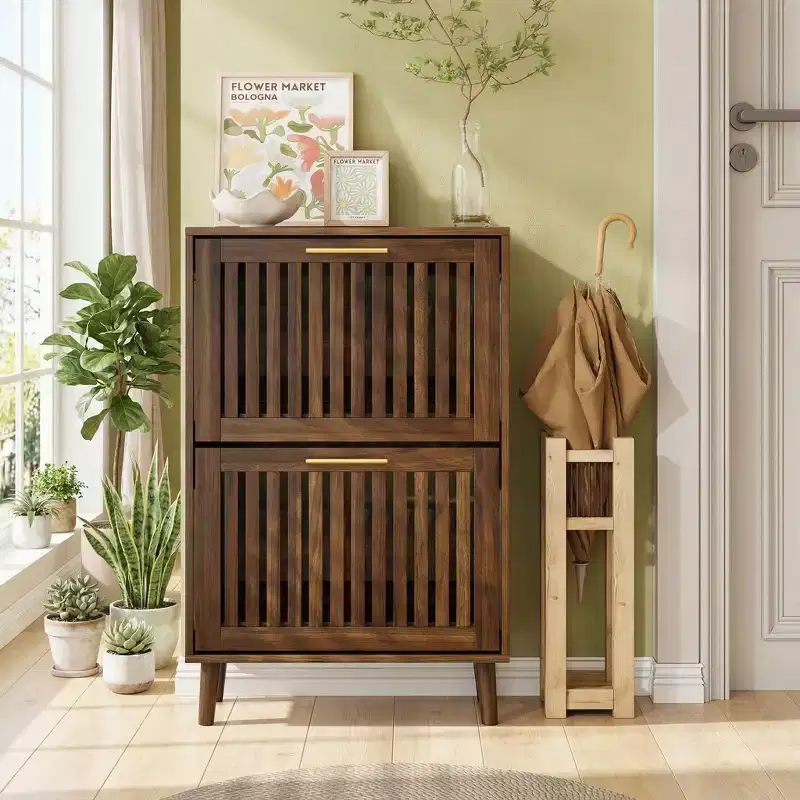 23.6 Inch Walnut Shoe Cabinet, Modern Entryway Storage with 2 Flip Drawers for Hallway and Corridor