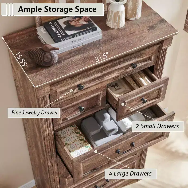 Mastgoal 57 Farmhouse Dresser with 7 Drawers, Rustic Wood Closet Storage with Roman Column for Bedroom