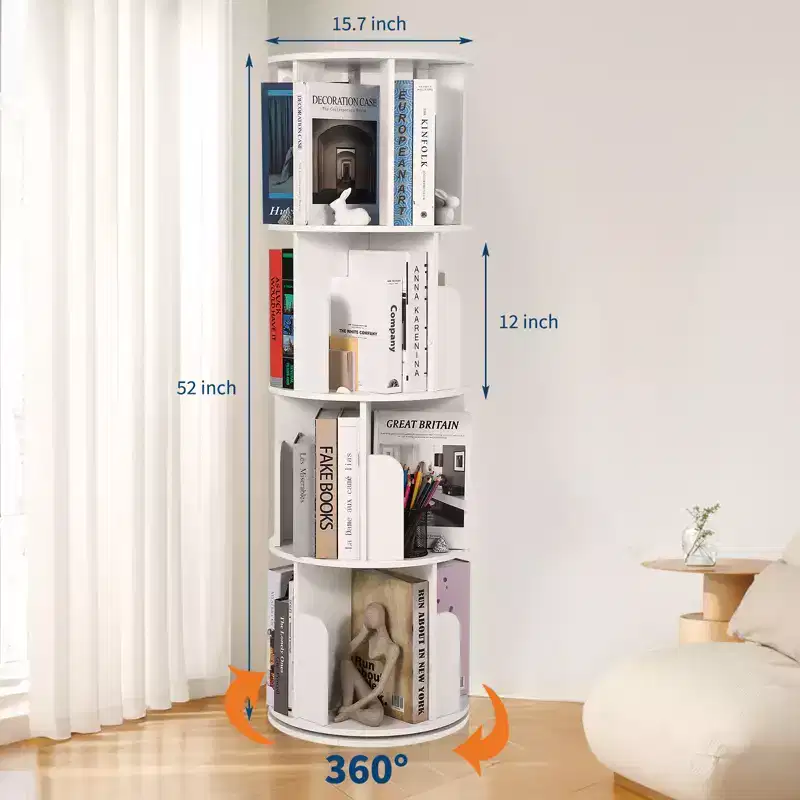 Tall 52 4-Tier Rotating Bookshelf  360 Spinning Wooden Storage Organizer for Bedroom, Corner Bookcase, For Home Office, Living Room & Small Spaces