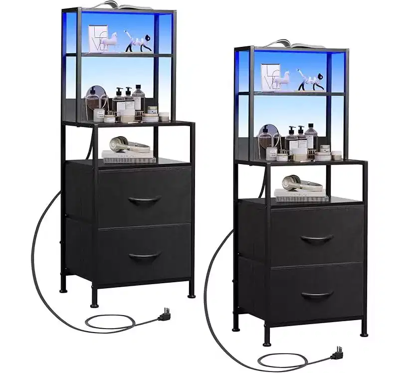GALAXHERO Nightstand Set of 2 with Charging Station, LED Bedside Table with 2 Drawers Fabric Storage Dresser Modern Night Stand with Bluetooth Lights