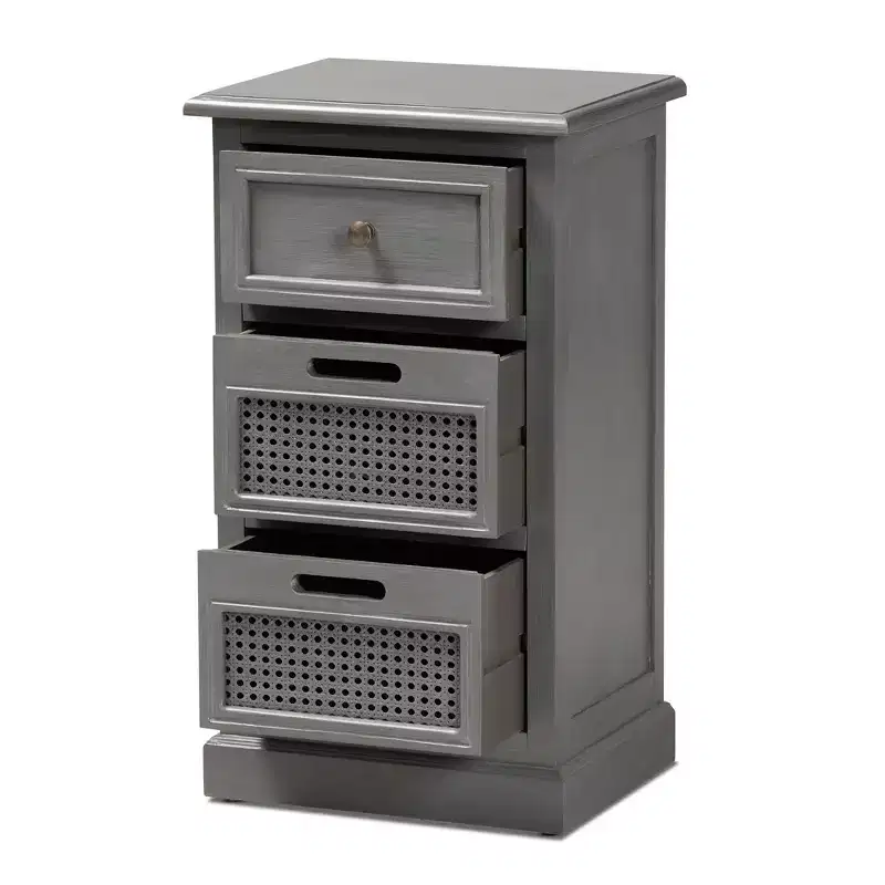 Vintage Wood and Synthetic Rattan 3 Drawer Nightstand Gray