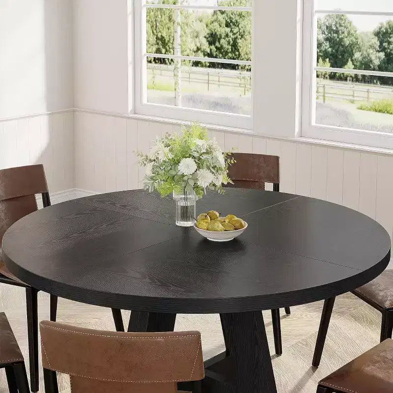 Farmhouse Large Round Dining Table with Cross Base – Wooden Kitchen Table for Dining Room & Breakfast Nook