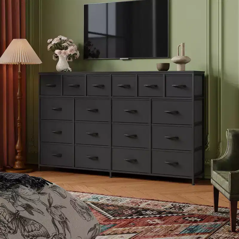 18-Drawer Long Dresser with Fabric Drawers & PU Handles - Sturdy Metal Frame Storage Cabinet for Bedroom, Living Room, Entryway