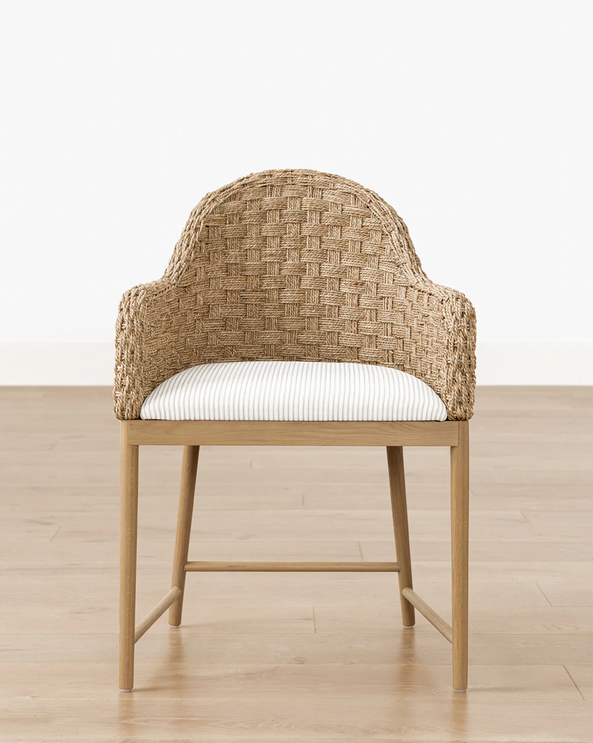 Rustic Solid Oak Arm Chair with Woven Back & Inviting Cushion for Dining Room