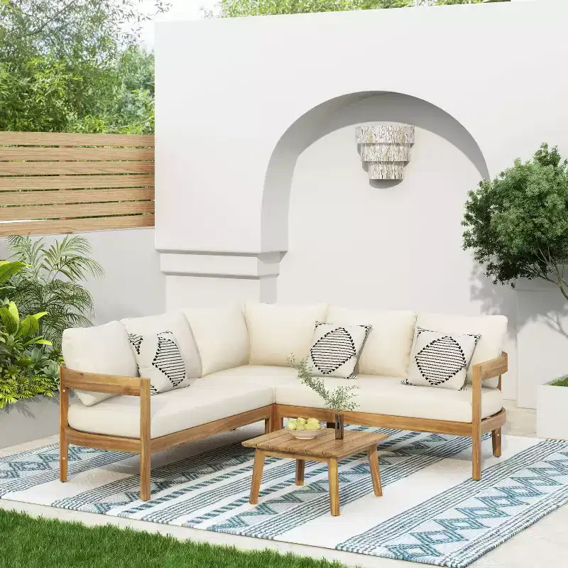 GDFStudio Burrough Outdoor Acacia Wood 5 Seater Sectional Sofa Chat Set with Cushions, Teak/Beige