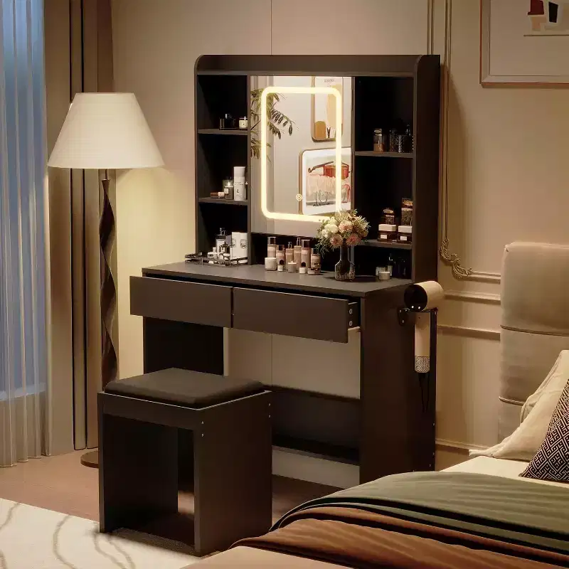 Makeup Vanity Desk with Mirror and Lights, 3 Lighting Modes Adjustable Brightness, Hidden Storage Shelves, Padded Stool, for Bedroom