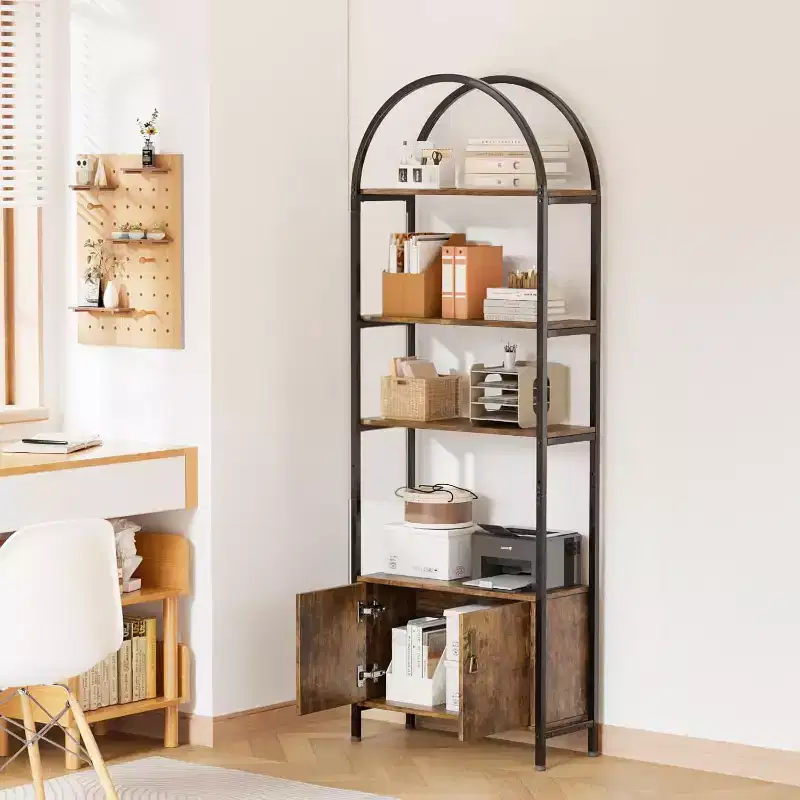 VINGLI Arched Display Cabinet, Bookcase with Doors Storage, 5 Tier Bookshelf, Stylish for Living Room Dining Room Office Study Room, Rustic Brown