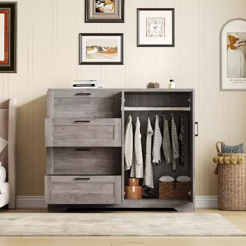 2-Door Wardrobe Dresser Closet Armoire with 4 Drawers & Hanging Rod