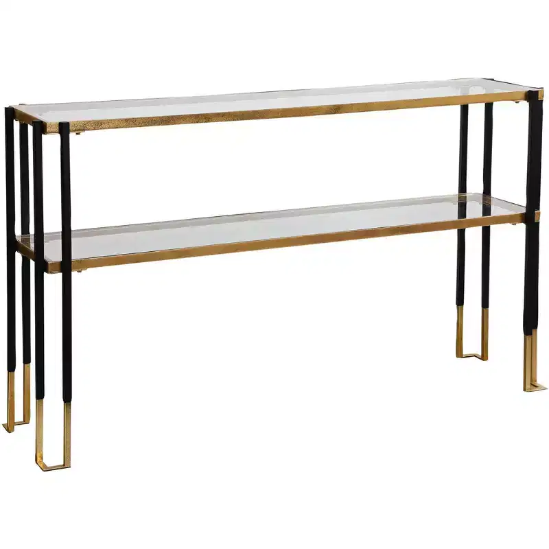 Uttermost Modern Matte Black Brushed Gold Rectangular Console Table 53 1/2 x 13 1/2 with Tempered Glass Shelf for Living Room