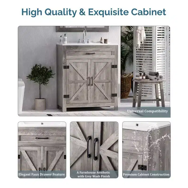 Karl Home 30in Bathroom Vanity Barn Door Walnut U-Shelf Without Top Sink
